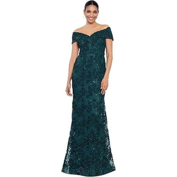 Xscape Women's Off the Shoulder Sweetheart Neckline Long Lace Dress Size 4 NWT - Picture 1 of 14